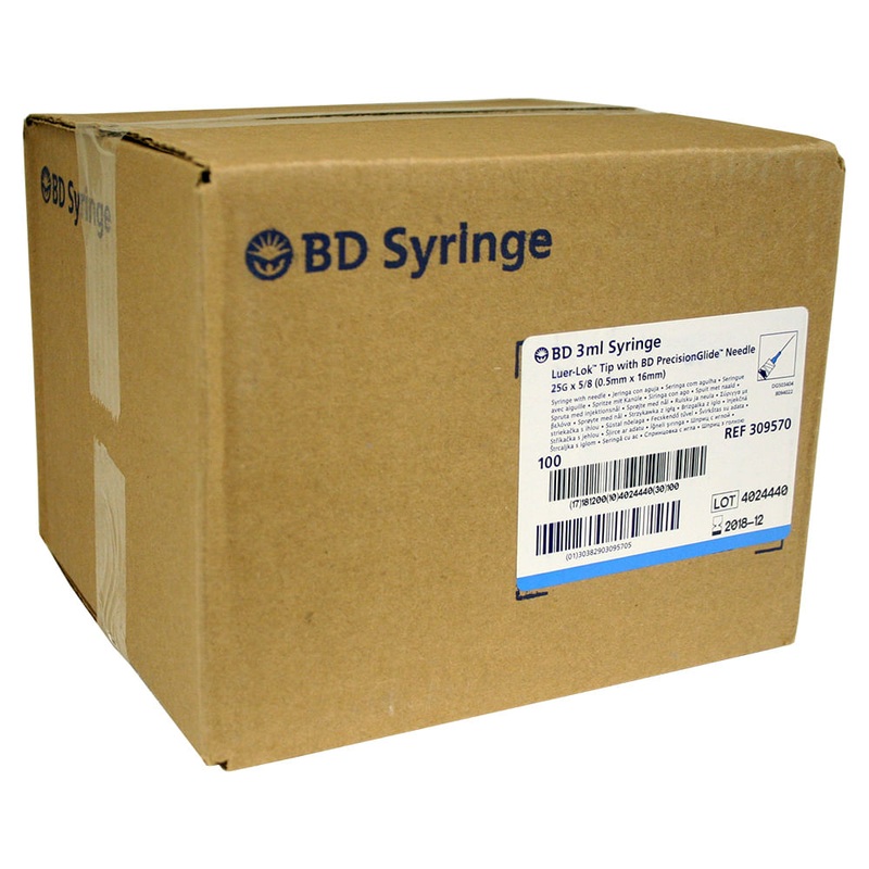 BD Luer-Lock (LL) Syringe with Needle Combo, 3cc with 25ga x 5/8", Box of 100