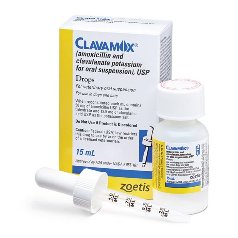 Rx Clavamox for Dogs and Cats (Amoxicillin trihydrate/clavulanate potassium) For Oral Suspension Oral Drops, 15 ml