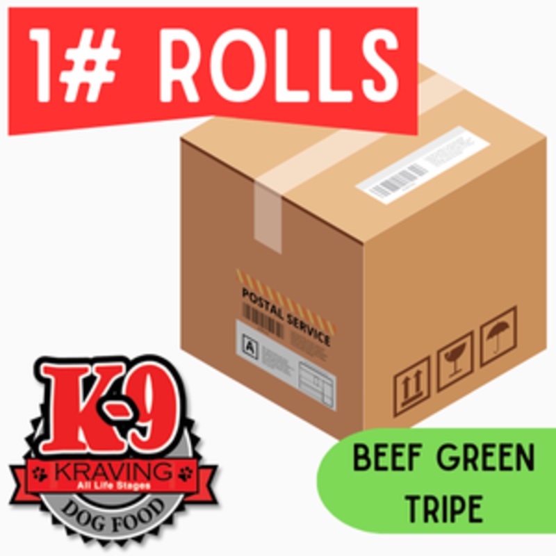 K-9 Kraving Beef Green Tripe - 1 lb Roll Full Shipping Box NO Dry Ice (45 Rolls)
