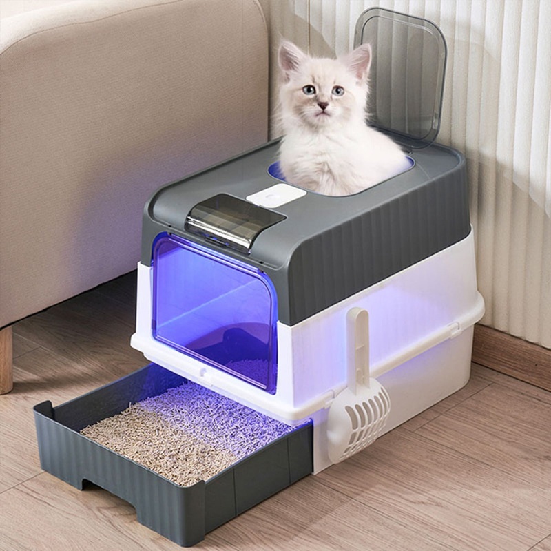 Double Door Cat Litter Box with UV light & Scoop     Size: 50*35*37CM