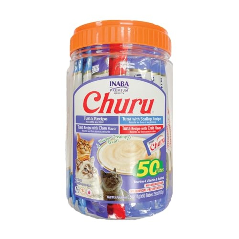 INABA Churu Cat Treats, Lickable, Squeezable Creamy Pure Cat Treat with Green Tea Extract & Taurine, 0.5 Ounces Each Tube, 50 Tubes, Tuna & Seafood Variety