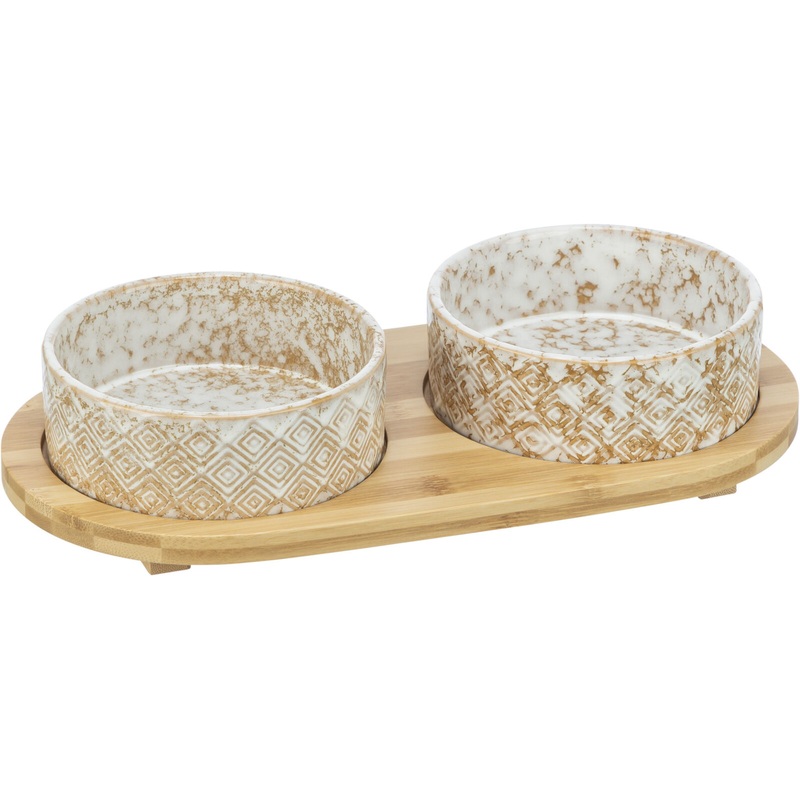Bowl set, ceramic/bamboo, 2 x 0.3 l/diam. 12 cm/30 x 6 x 15 cm, white-light brown/li