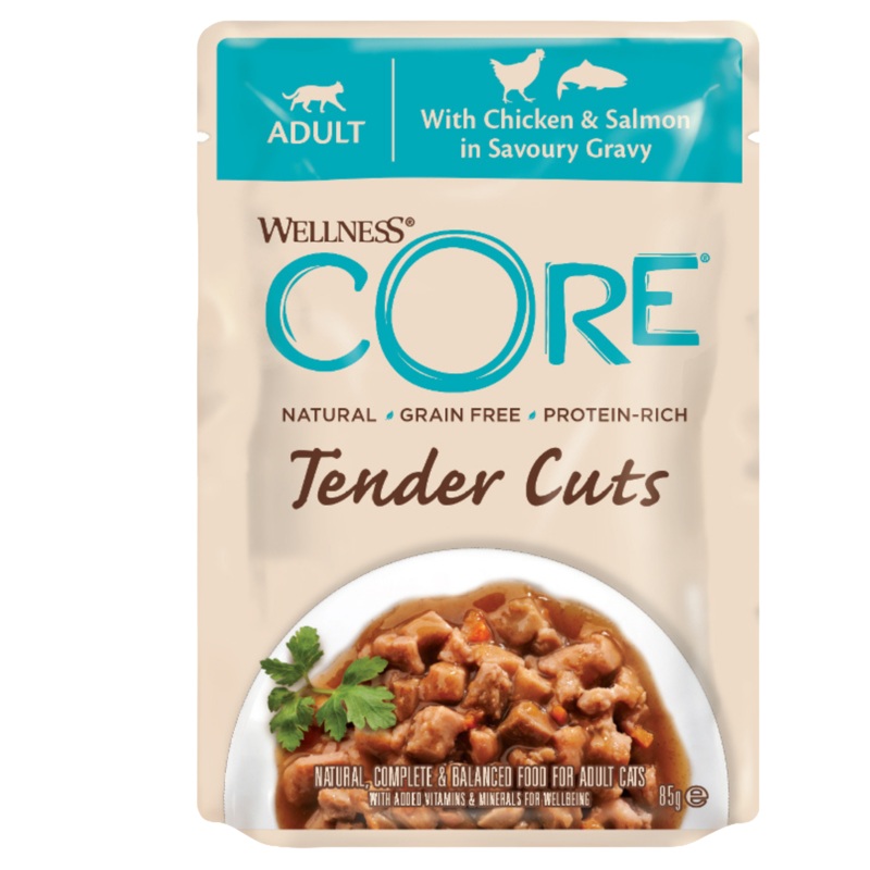 Wellness Core Tender Cuts Chicken & Salmon in gravy Pouches, 85g