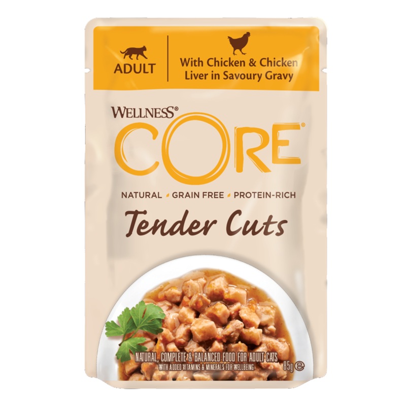 Wellness Core Tender Cuts Chicken & Chicken Liver in gravy Pouches, 85g