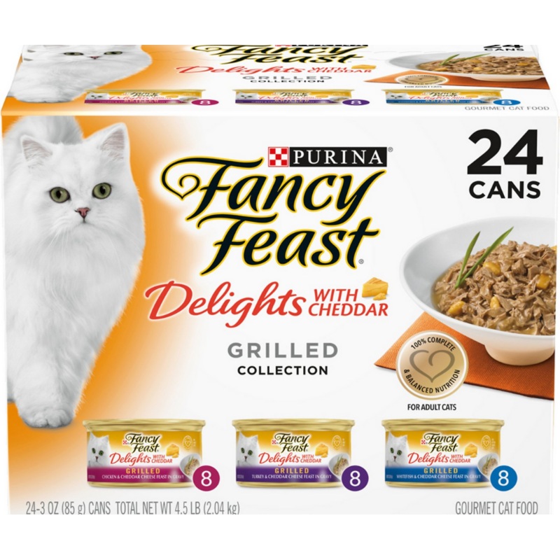 Purina Fancy Feast - All Breeds, Adult Cat Delights with Cheddar Cheese Grilled Meat in Gravy, Variety Pack Canned Cat Food